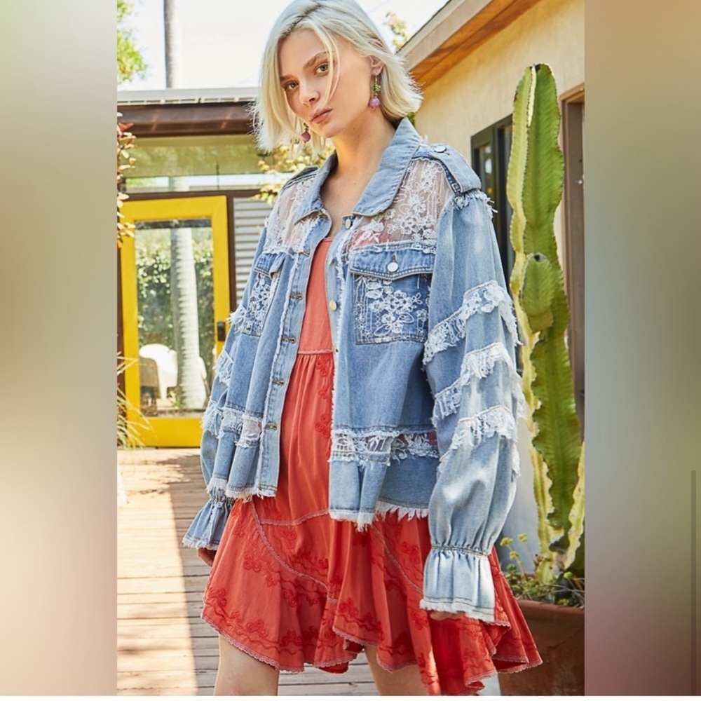 NWOT POL Lace Ruffle Trim Denim Shacket Size Small - Picture 6 of 16